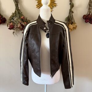 Ci Sono Dark Brown Leather Jacket with White Racing Stripes